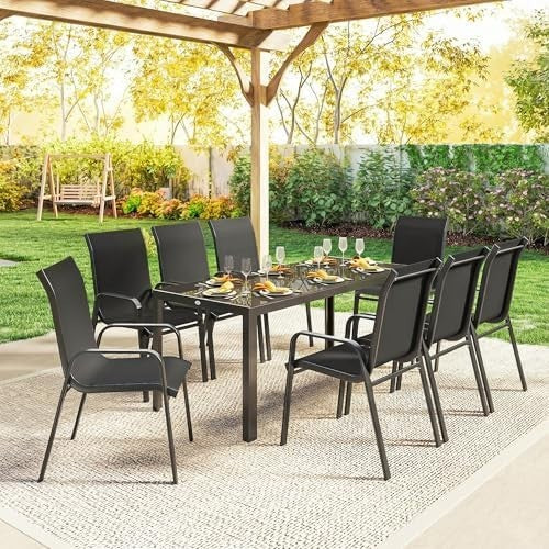 8 Seater Garden Dining Set Outdoor Patio Table with Stackable Chairs