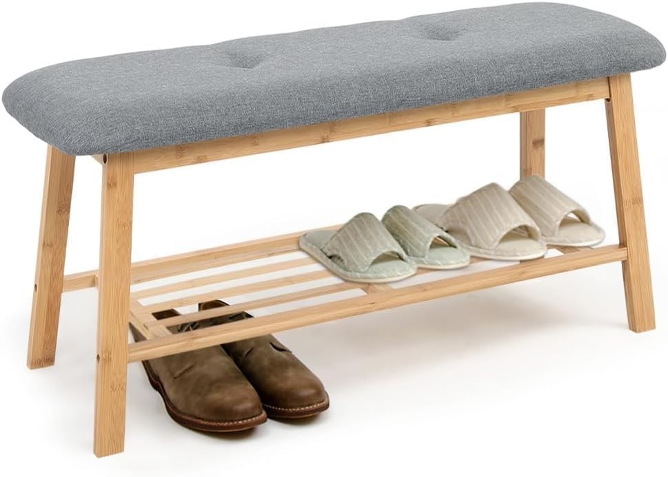 2-Tier Bamboo Shoe Rack Bench with Linen Padded Seat & Storage Grey