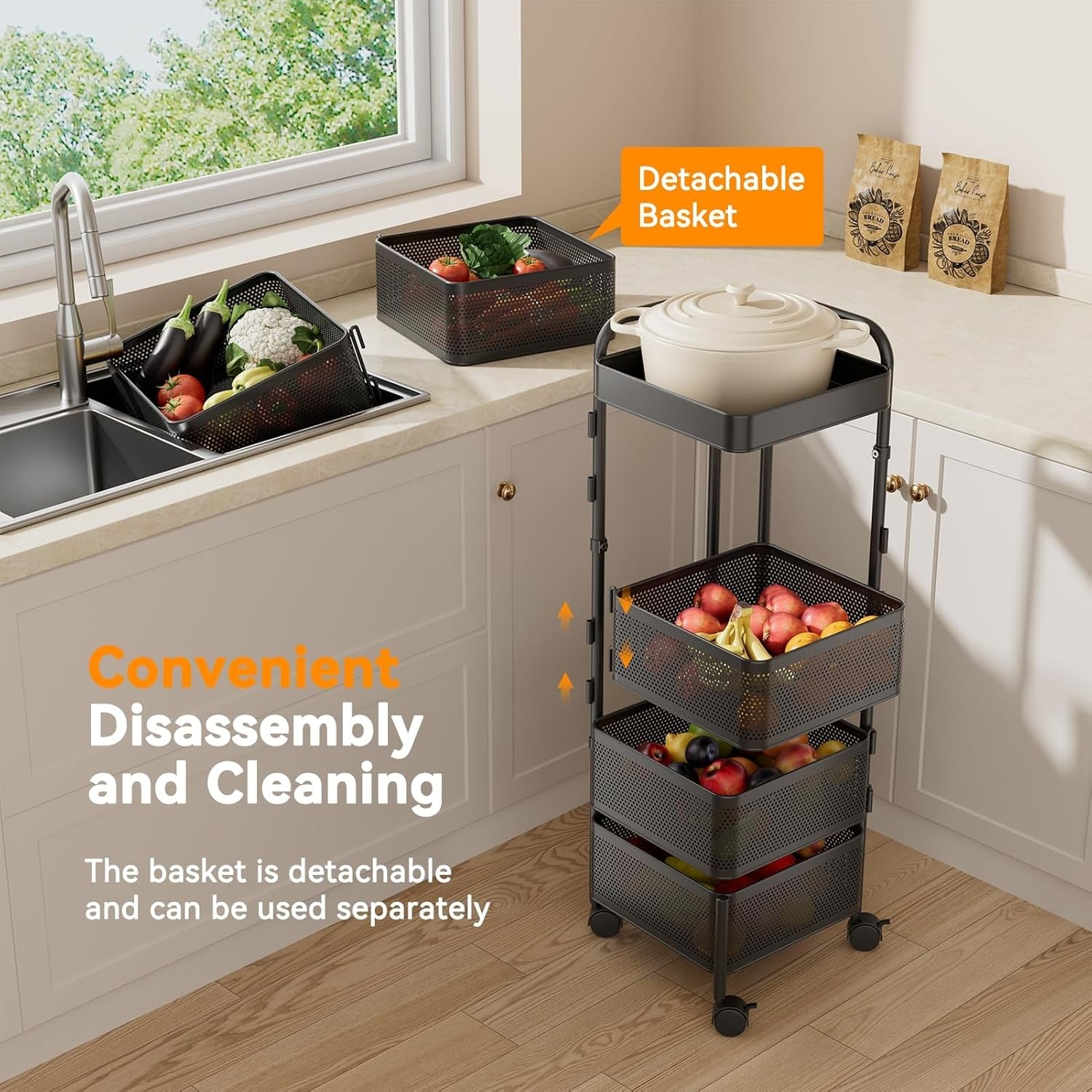 5 Tier Rotating Kitchen Trolley on Wheels Square Storage Rack Pantry Organiser