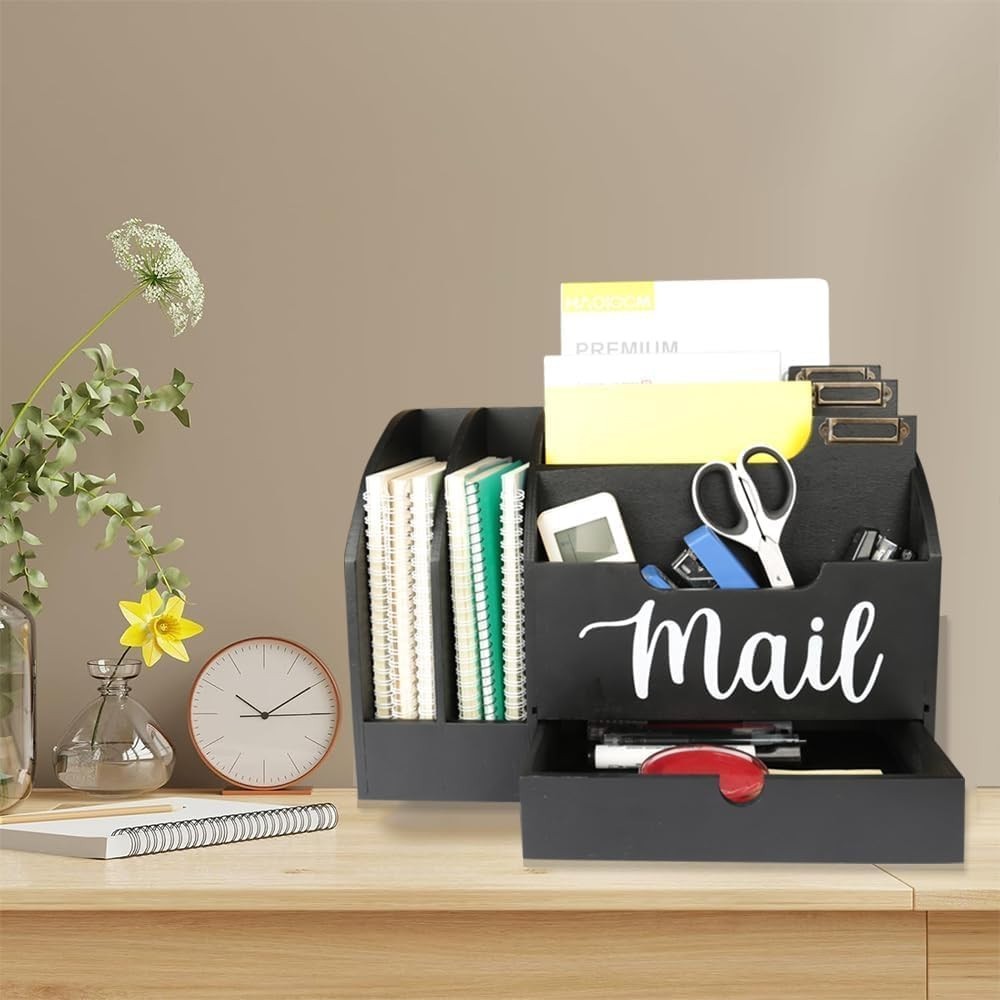 Wood Desktop Mail Organizer with 6 Compartments & Drawer – Desk Storage