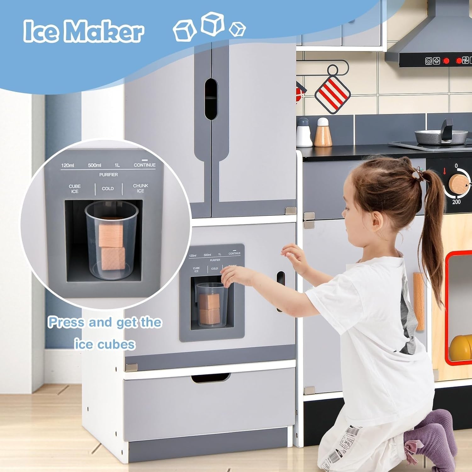 Wooden Kids Play Kitchen Set w/ Fridge Lights Sounds Accessories