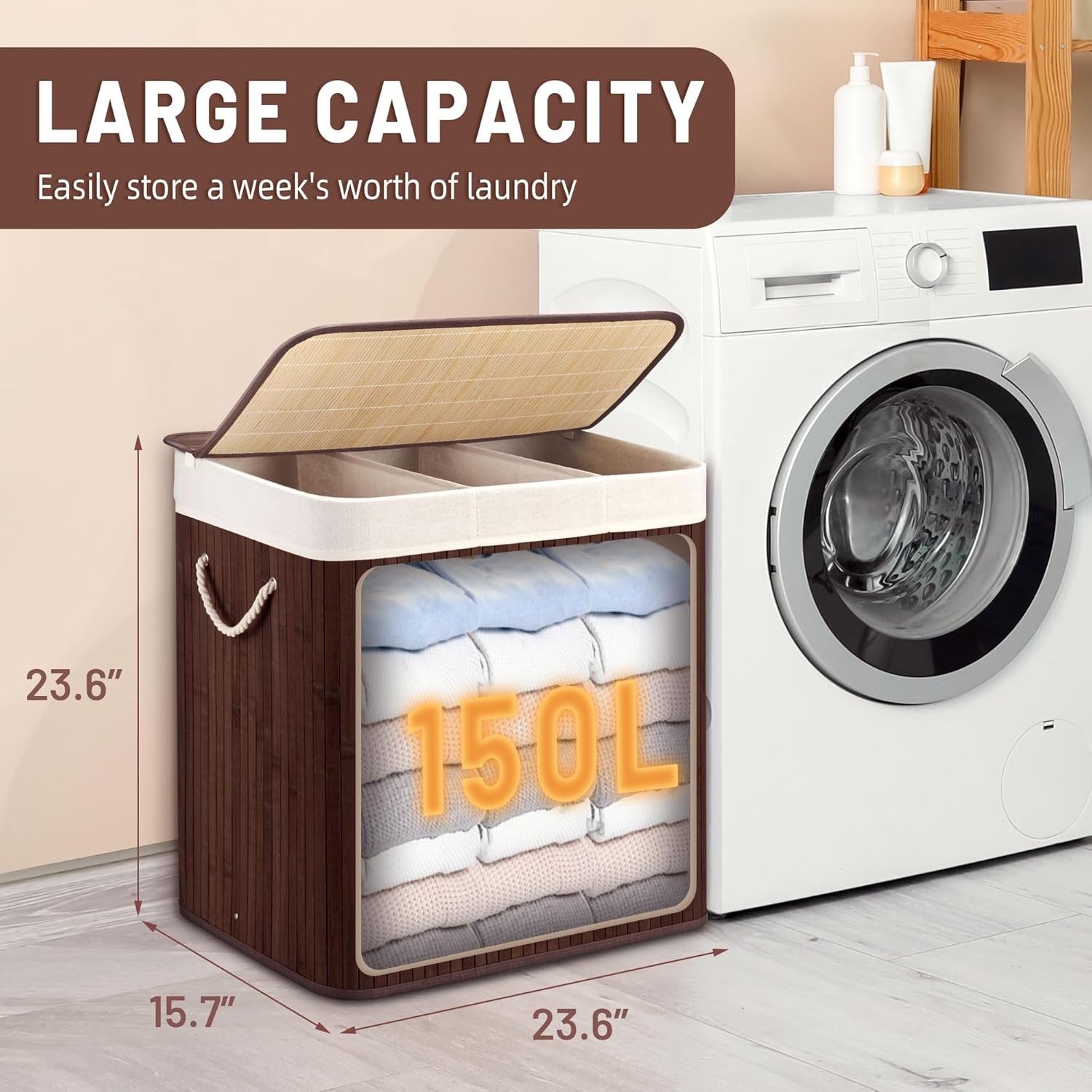 150L Large Bamboo Laundry Hamper 3-Section Basket w/ Lid & Handles | Bedroom Bat