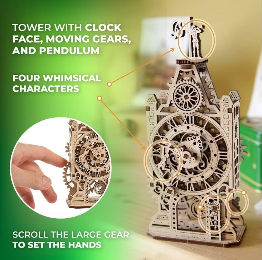 3D Wooden Puzzle Clock Tower Kit – Mechanical Moving Parts, DIY Build Gift