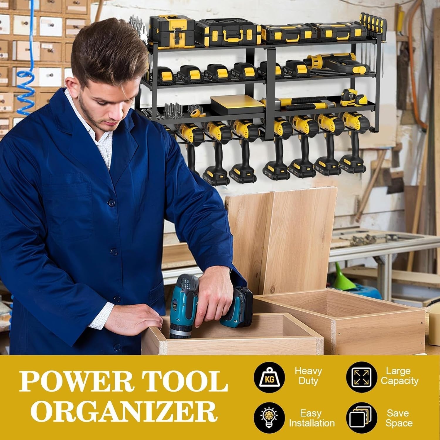 Wall Mount Power Tool Organizer 8 Drill Holders 4 Layers – 200Lbs Load