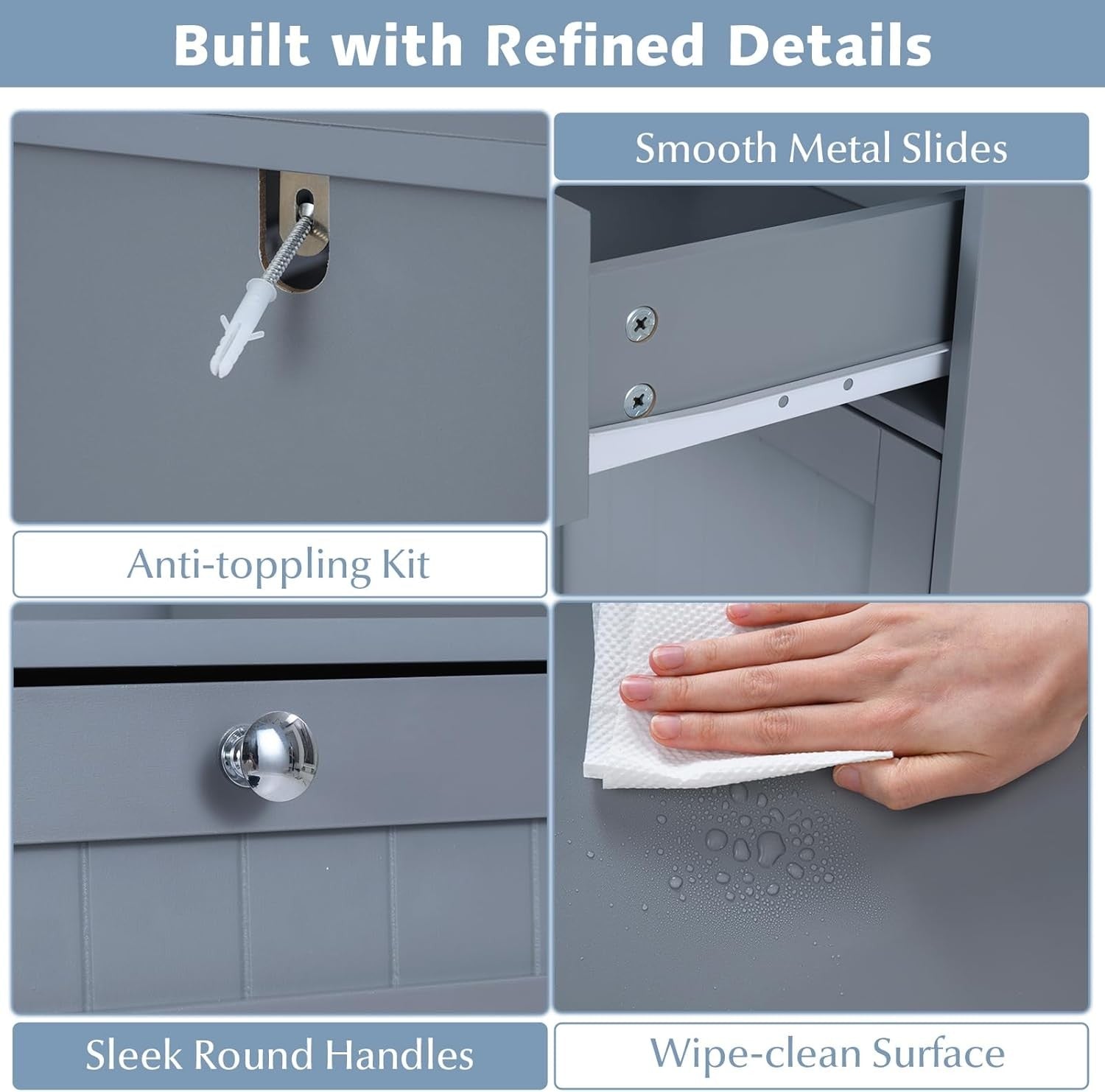 Grey Tilt-Out Laundry Cabinet with 2 Drawers & 2 Hampers Modern Bathroom Storage