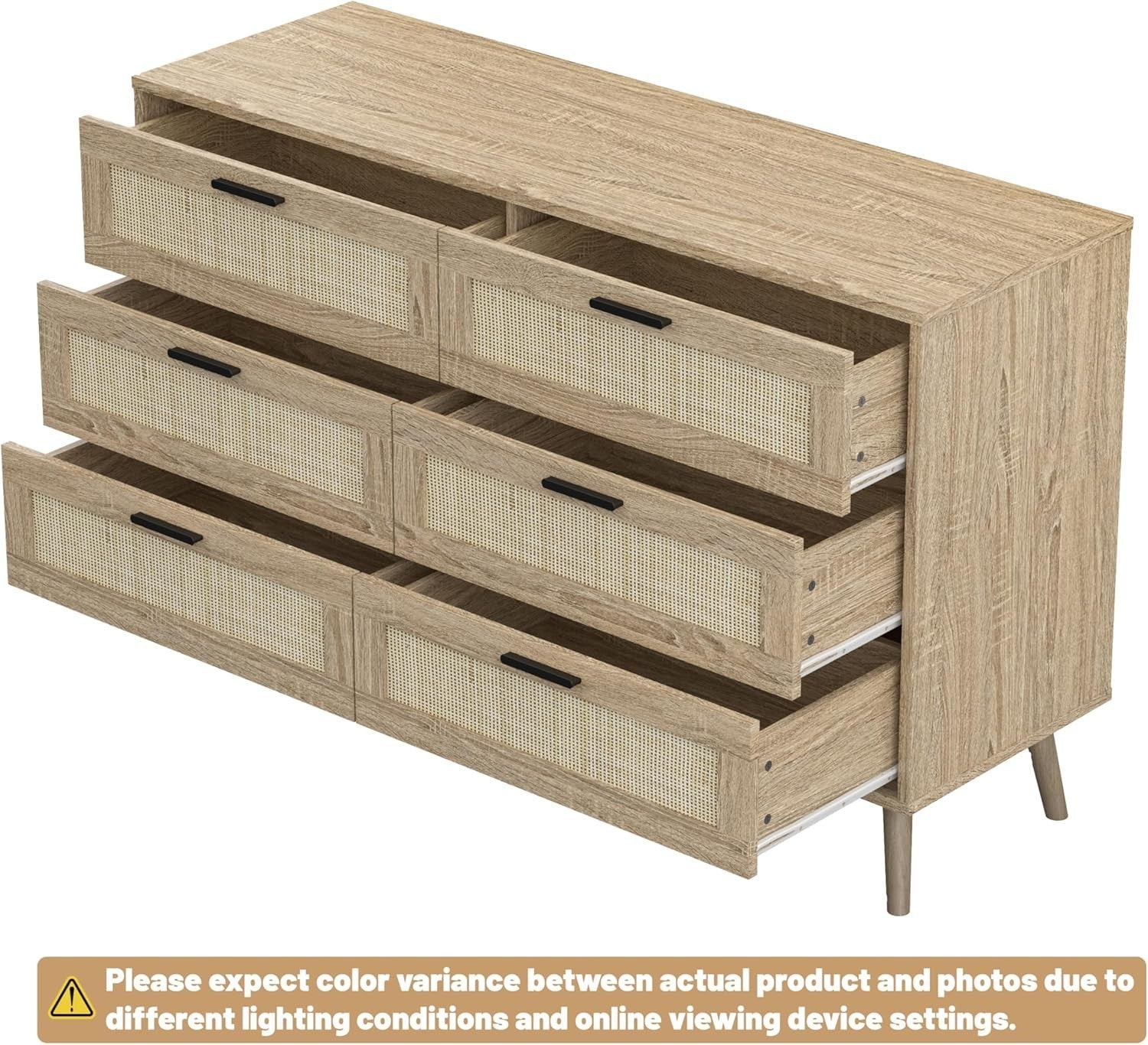 Rattan Chest of Drawers 6 Drawer Oak Wood Storage Cabinet Bedroom