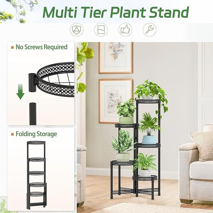 5 Tier Black Metal Plant Stand Indoor Outdoor Corner Tiered Flower Shelf
