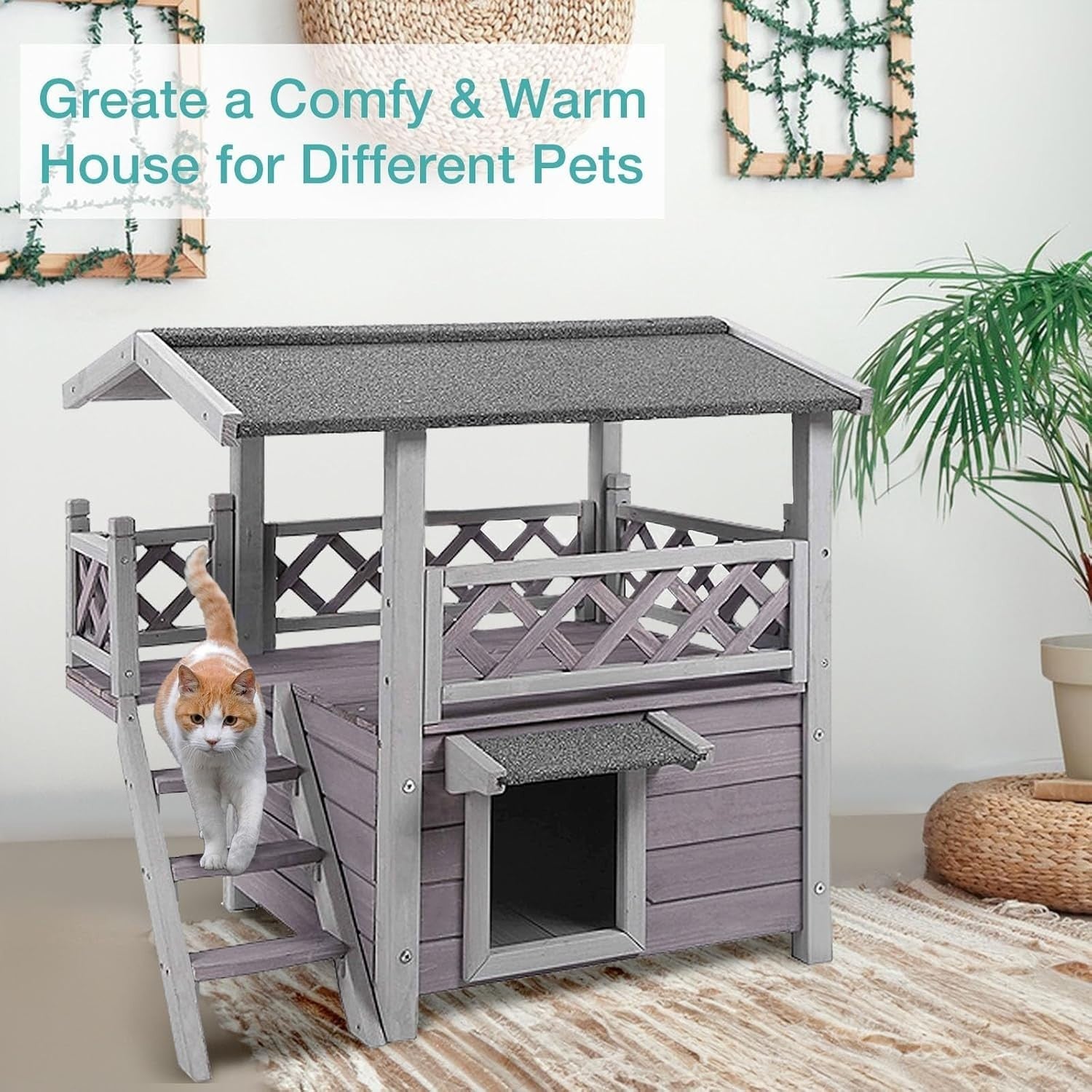 Weatherproof 2-Story Outdoor Cat House with Balcony & Side Stairs 30"L