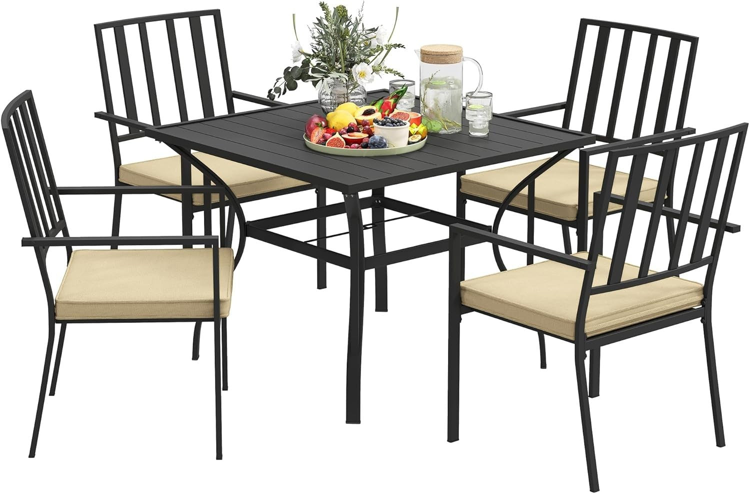 5 Piece Garden Dining Set Patio Table 4 Stackable Chairs Cushions Black