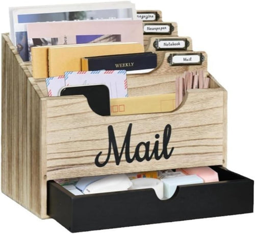 Wood Desktop Mail Organizer with 4 Compartments & Drawer, File Holder