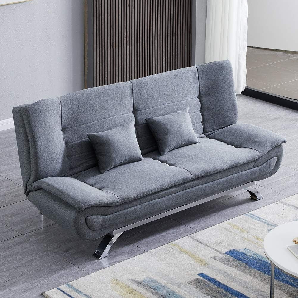 Luxury 3 Seater Sofa Bed Grey Linen Futon Couch w/ Pillows & Chrome Legs