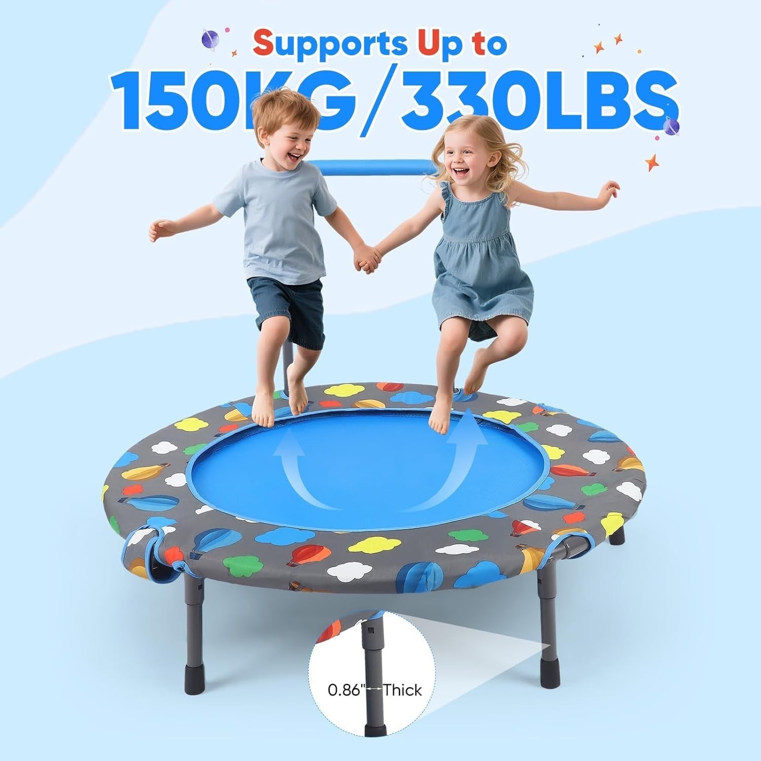 Kids Mini Trampoline Foldable with Adjustable Handle Ball Pit 330lb
