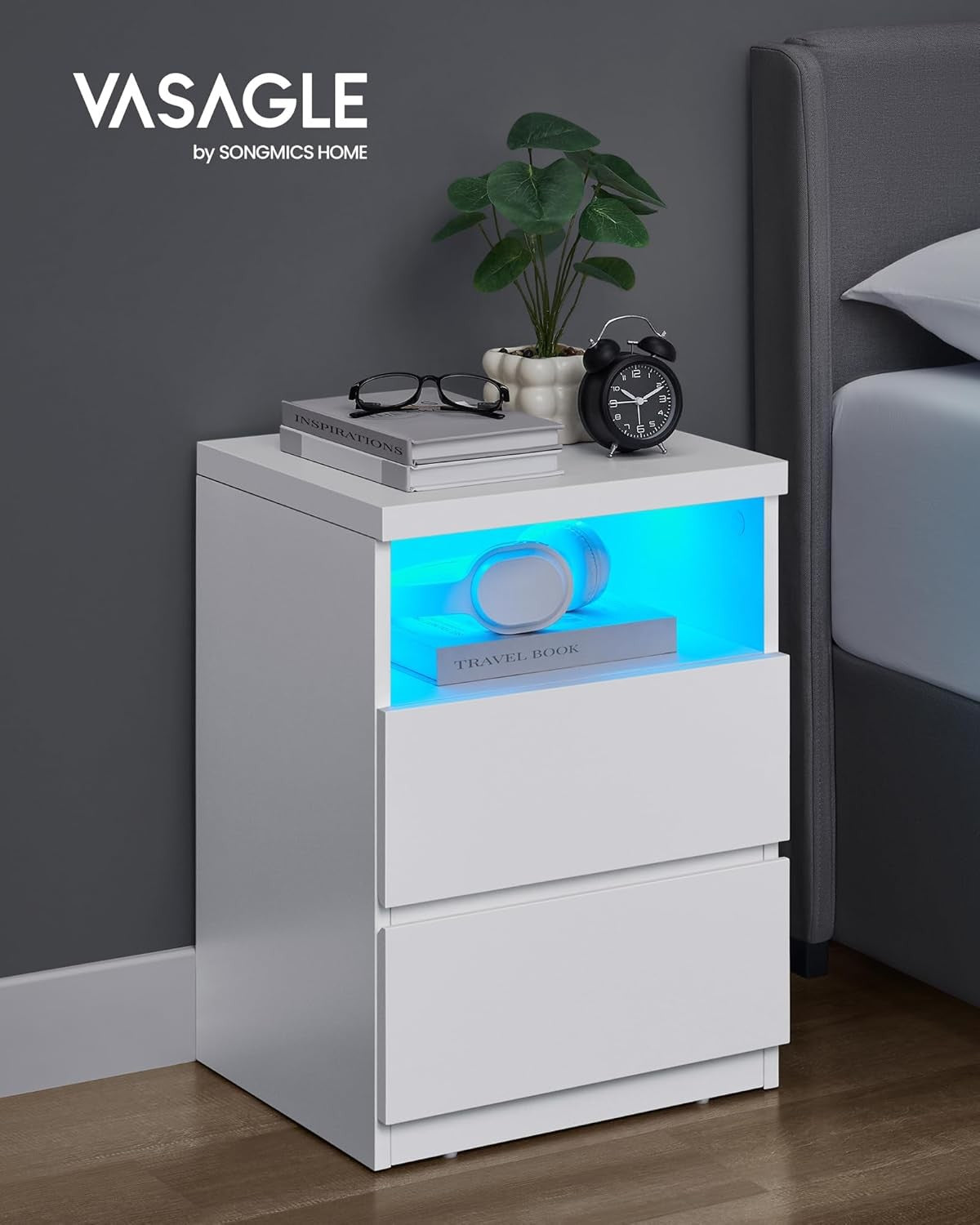 Set of 2 White LED Bedside Tables with Drawers, Modern Storage Nightstands