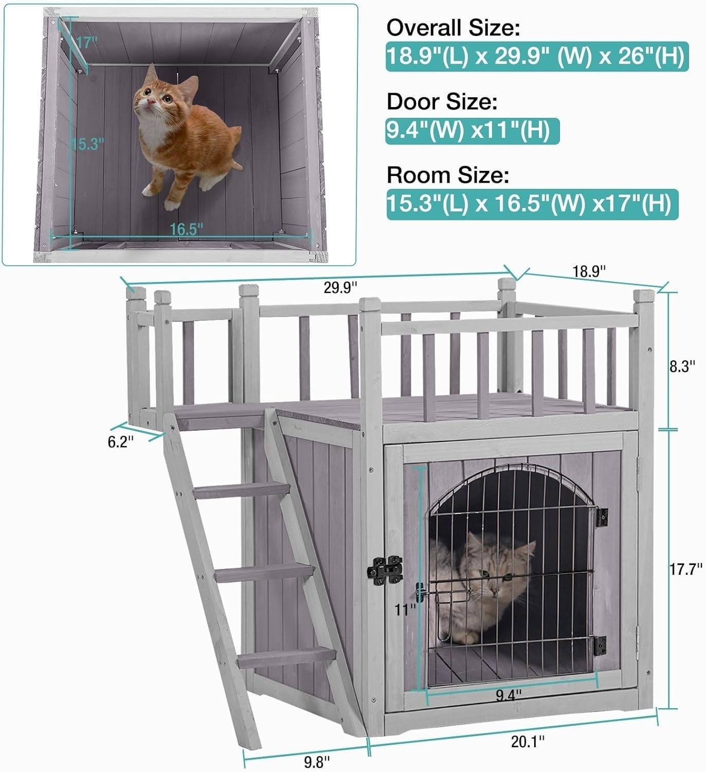 Weatherproof 2-Story Outdoor Wooden Cat & Small Dog House with Balcony