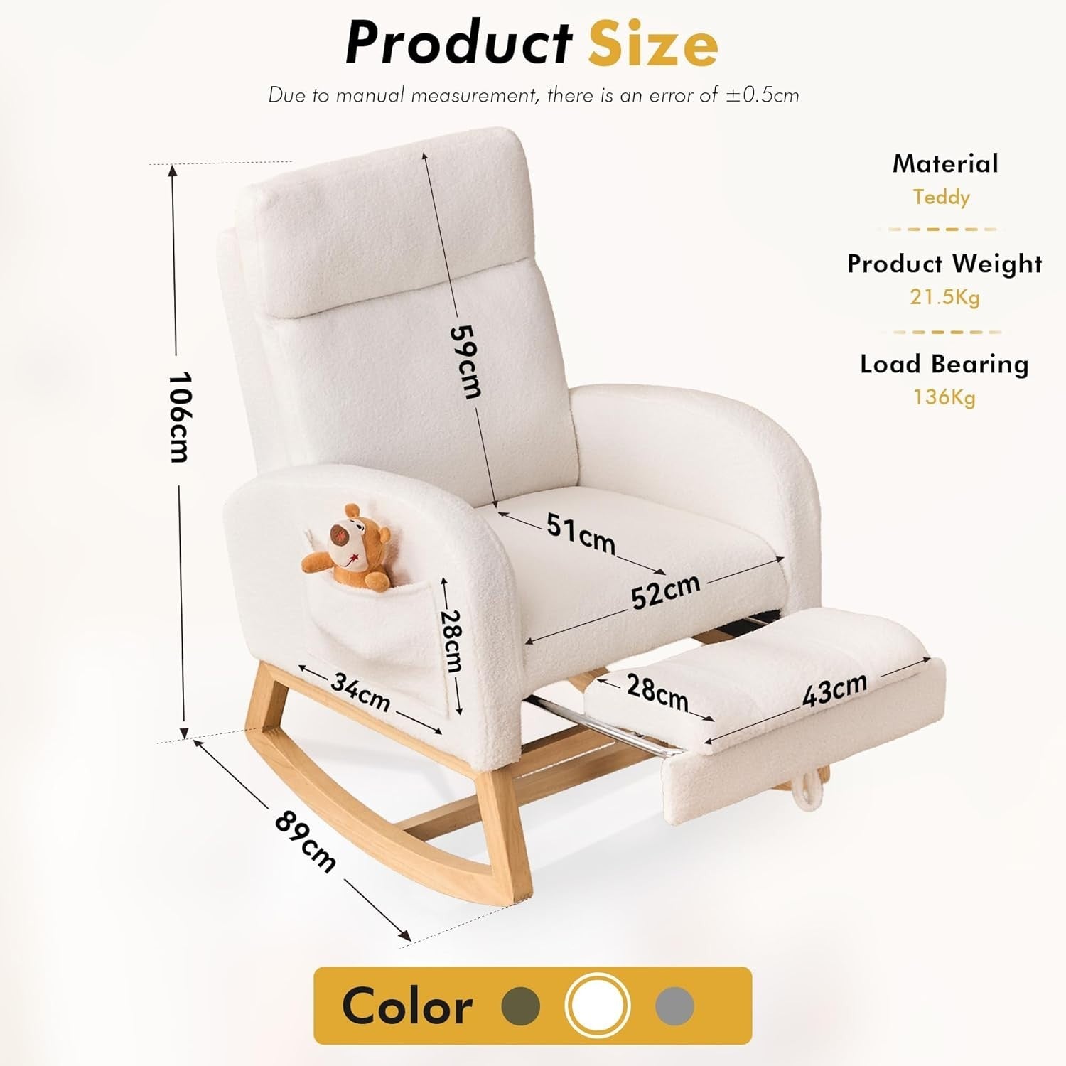 Rocking Chair w/ Footrest & Side Pocket – Wide Seat, Full Body Support