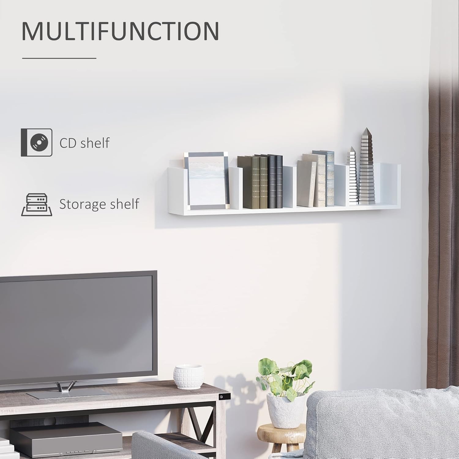 Wall Mount CD DVD Blu Ray Storage Shelf 4 Cube Media Rack White 95cm