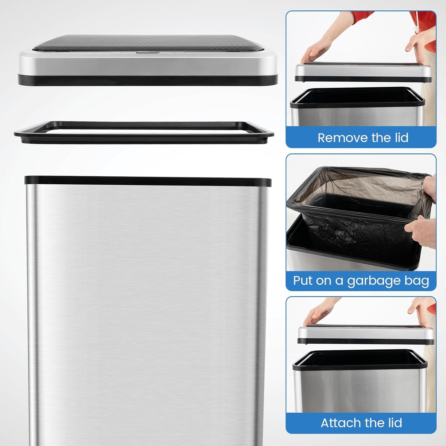 50L Touchless Sensor Kitchen Bin | Automatic Trash Can Silver Steel