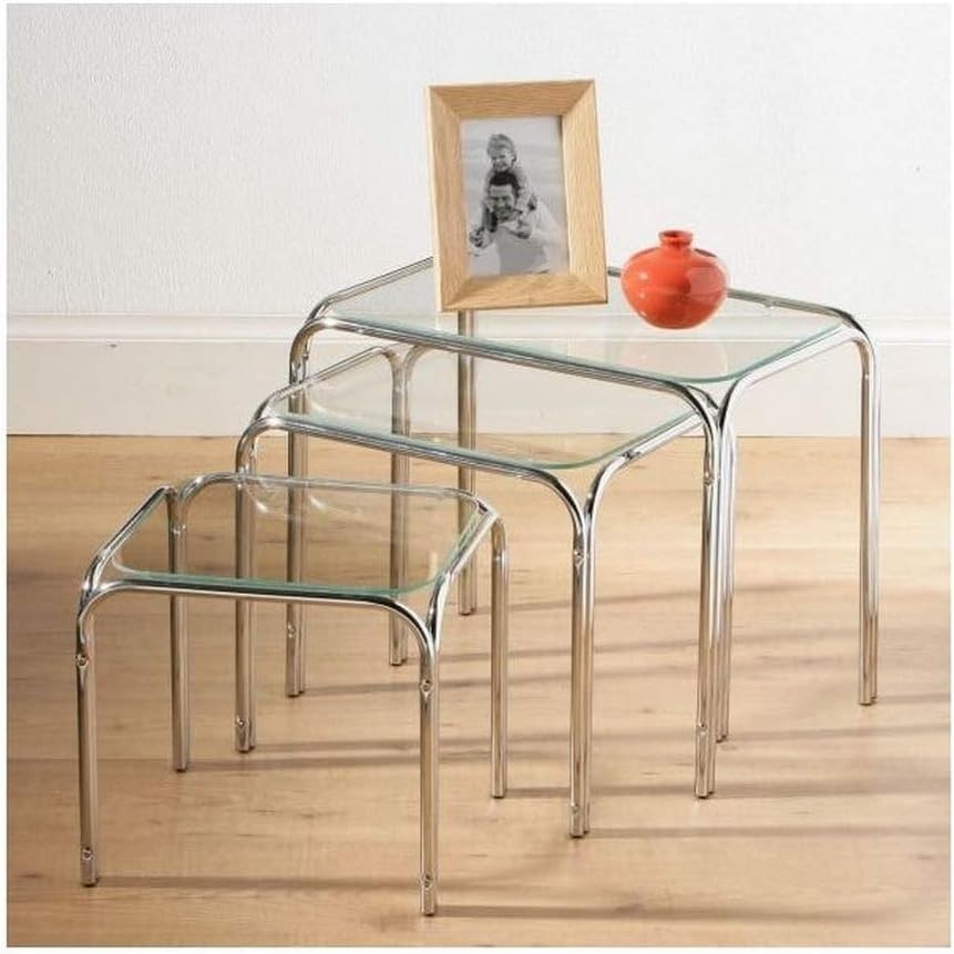 3pc Nesting Side Tables Clear Tempered Glass Chrome Legs Modern Contemporary Set