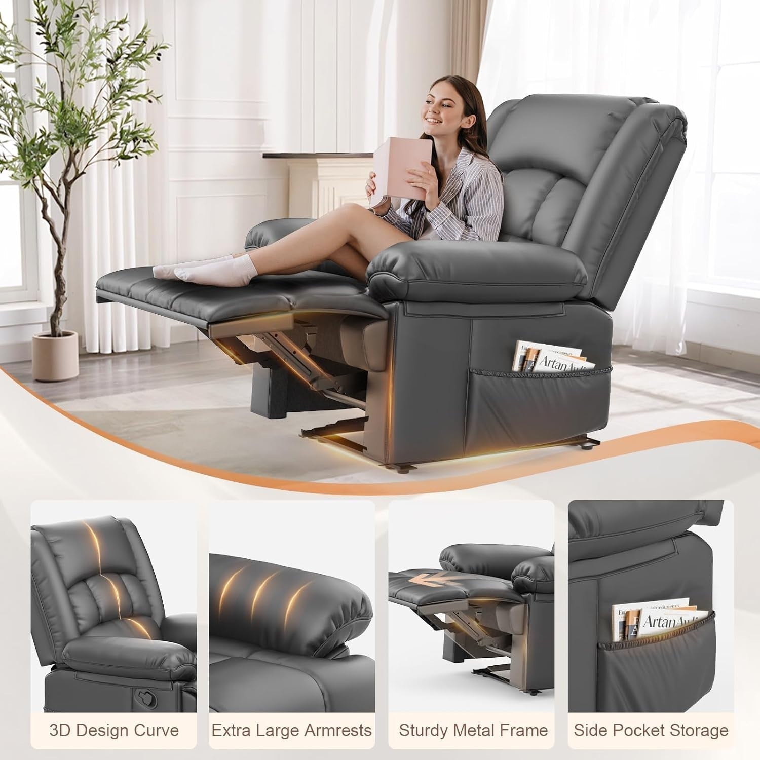 Manual Recliner Chair Massage Heat 135° Recline Footrest Dual Side Pockets Grey