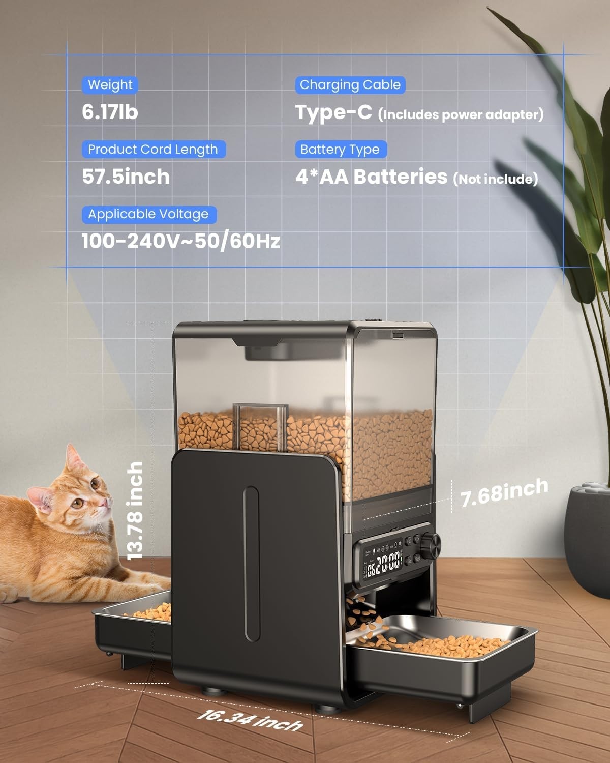 Smart Dual Cat Feeder 5L Timed Food Dispenser Raised Bowls