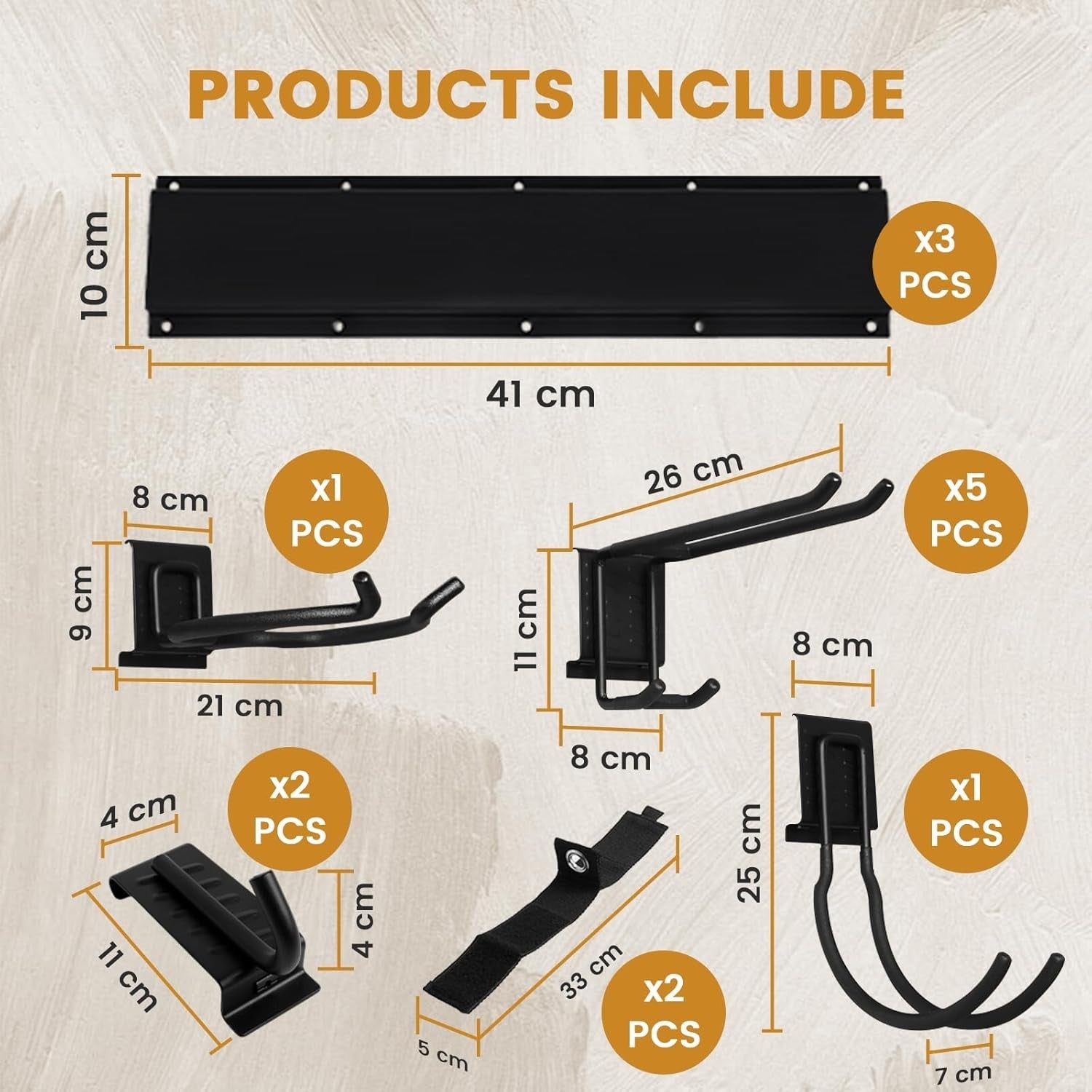 Wall-Mount Garden Tool Rack 122cm 9 Hooks & 2 Straps Garage Organizer