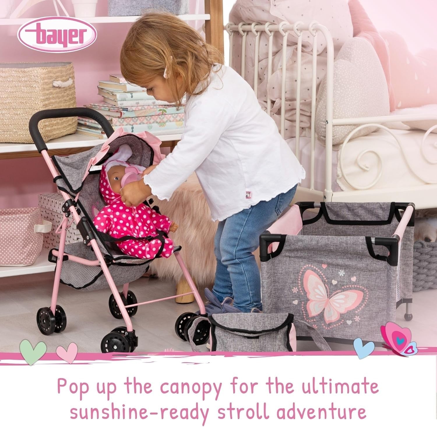 Pink Doll Stroller Pram Set 10pc Pushchair Cot Play Mat Accessories 46cm