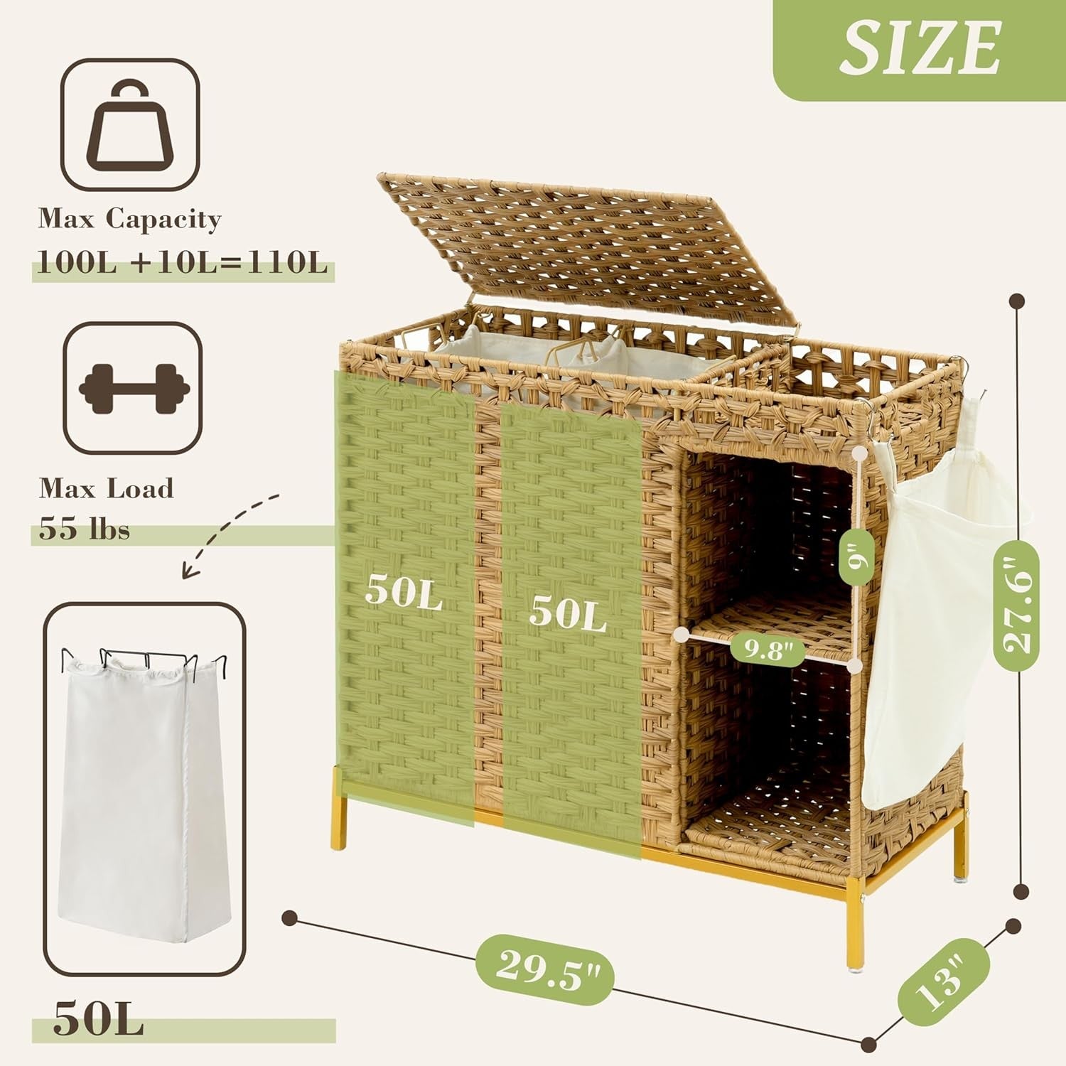 110L Rattan Laundry Hamper with Lid 3 Bags Storage Shelf Wicker Organizer Unit
