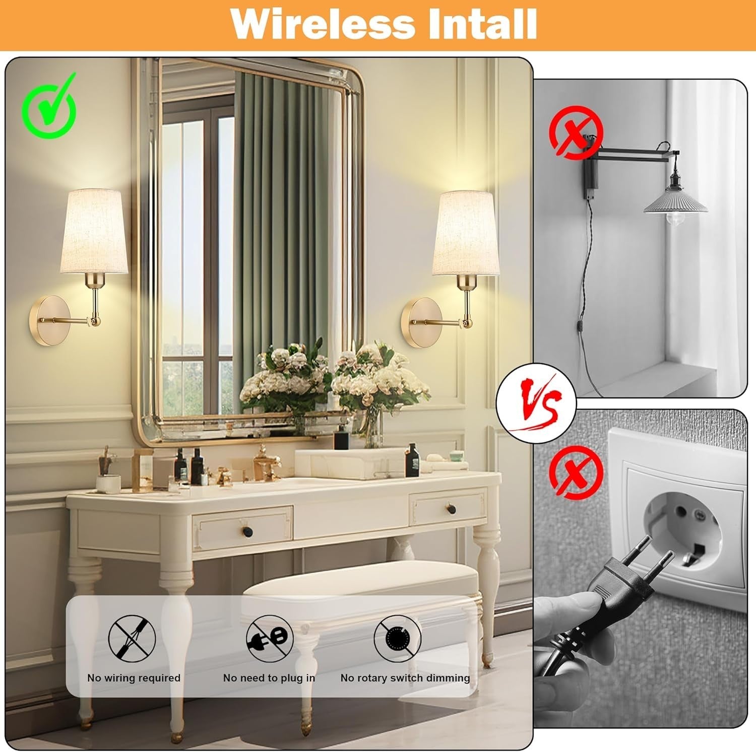 Set of 2 Wall Sconce Lights Rechargeable RGB Remote Battery Operated 270°