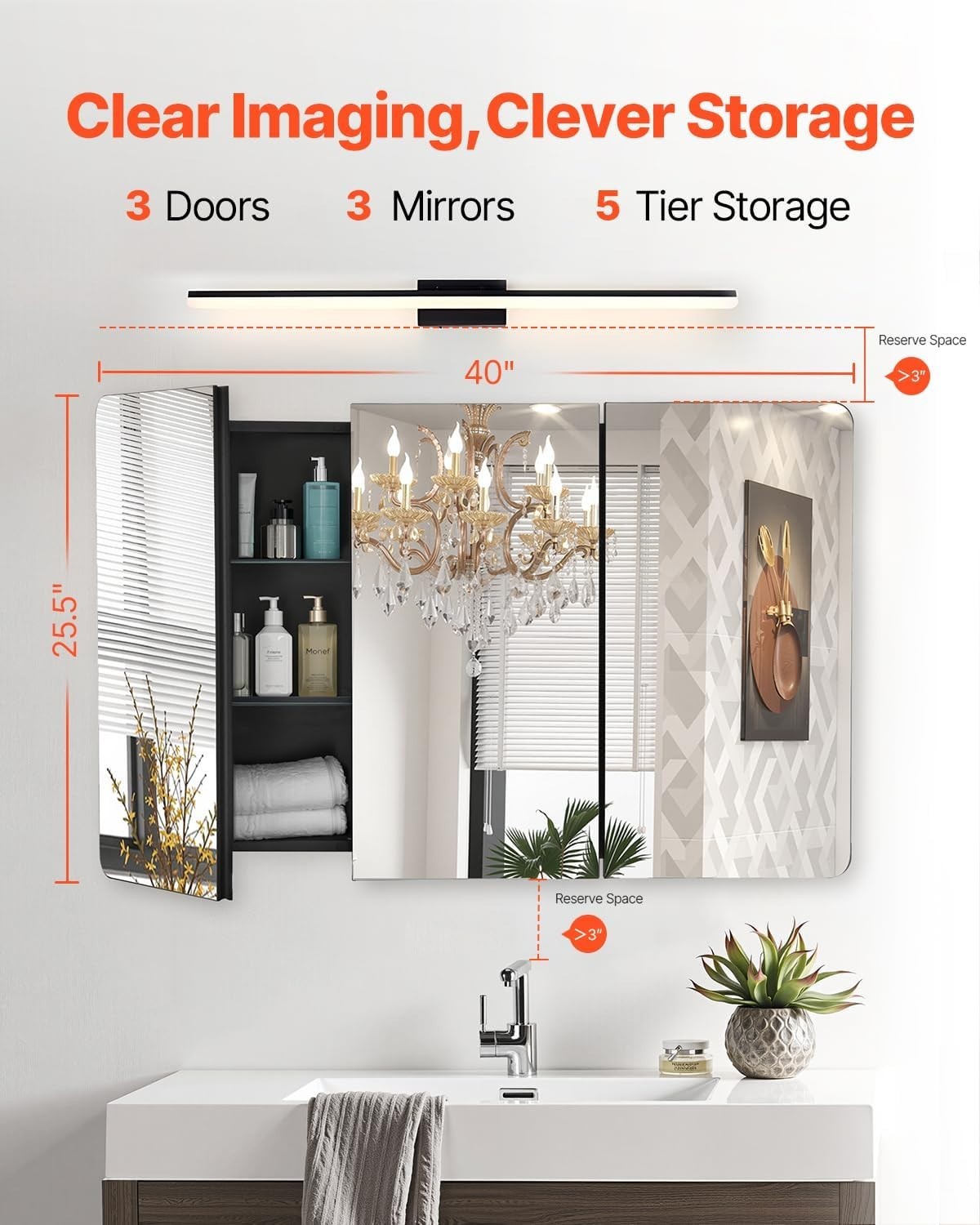 Bathroom Mirror Cabinet 65x101cm Wall Mount 4-Layer Adjustable Storage