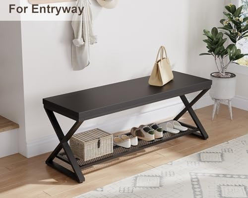 Black Oak Industrial Entryway Storage Bench Metal Frame Shoe Rack Seat 119x36x46