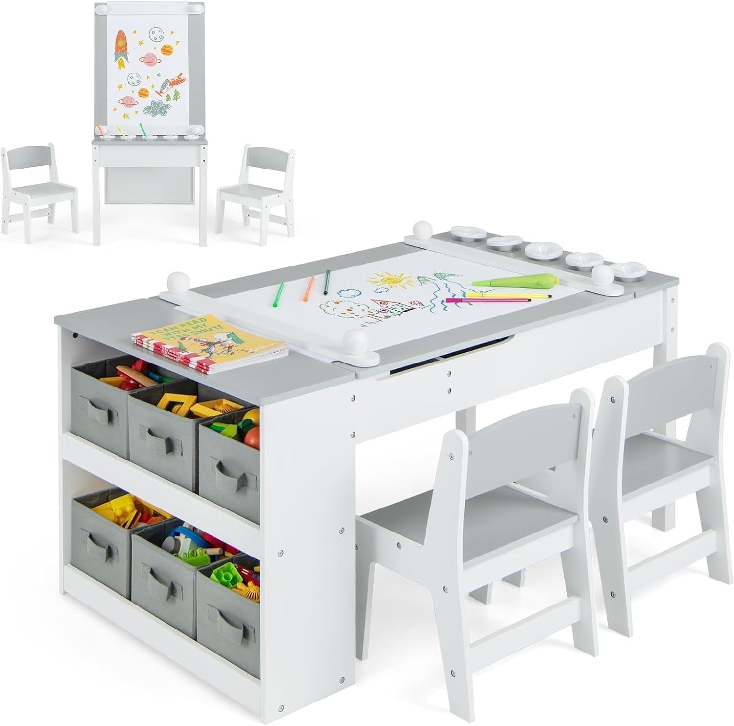 Kids 2-in-1 Art Table & Chair Set with Storage, Paper Roll & 2 Chairs, Grey