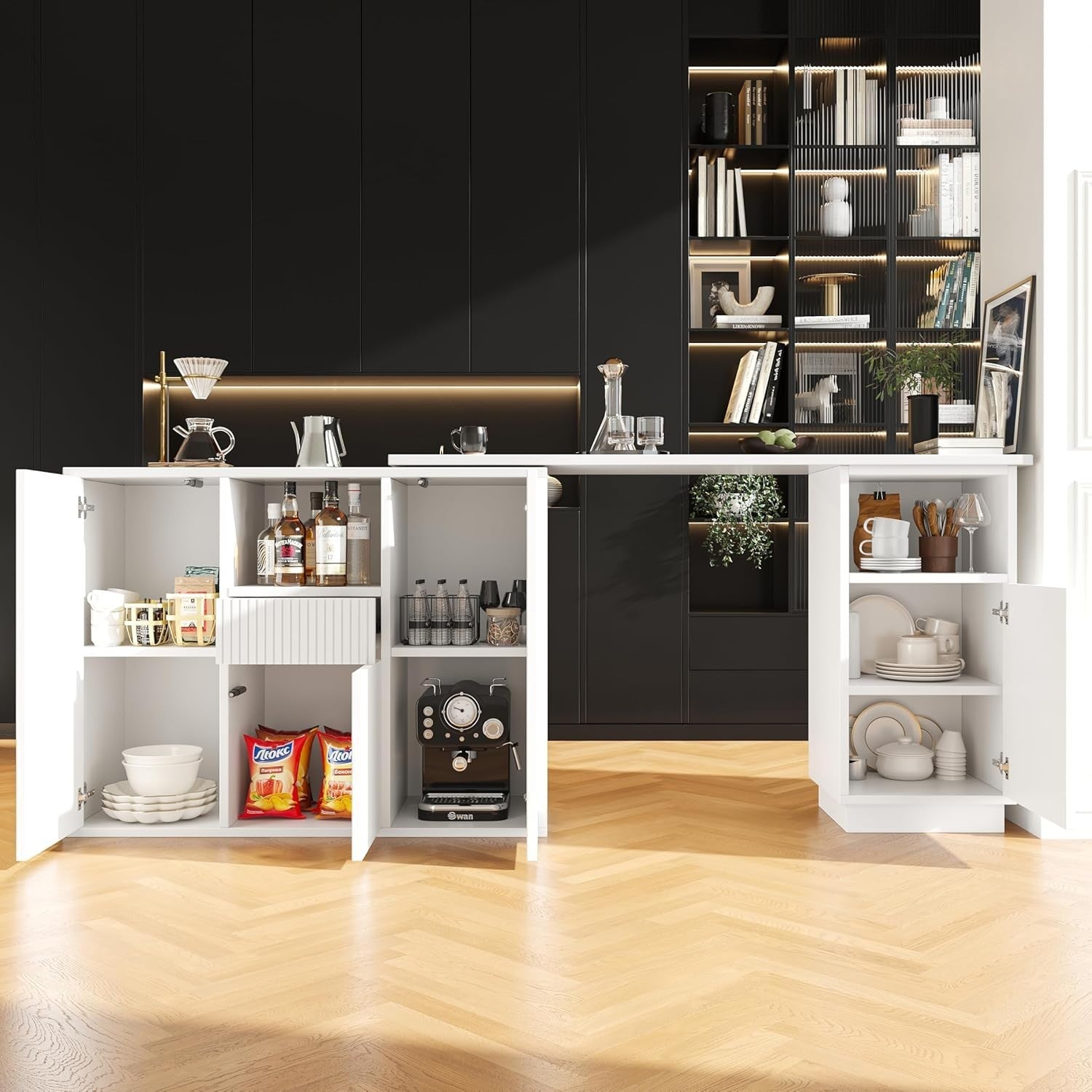 360° Swivel Extendable Kitchen Island Table with Marble Top & Storage