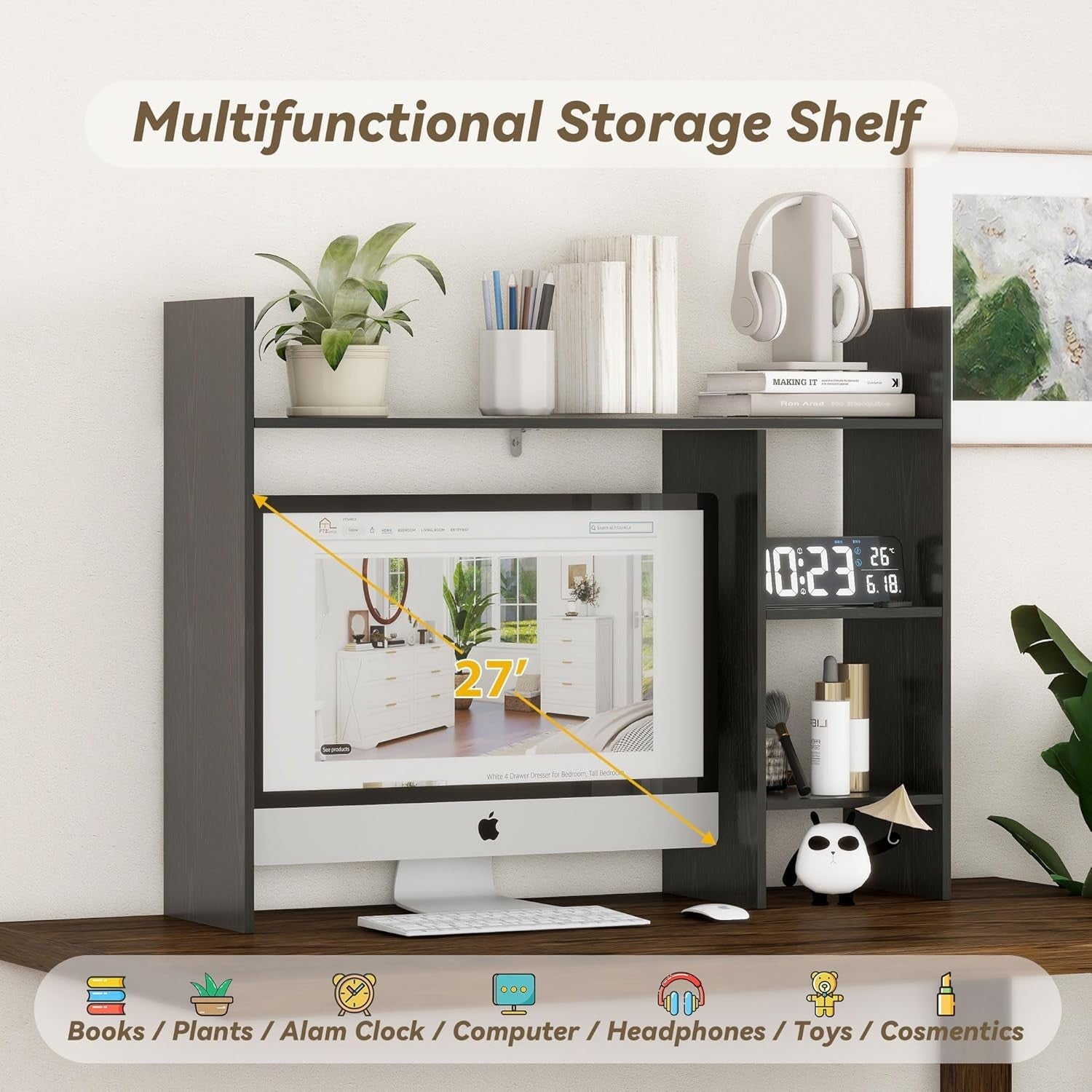37.4" Desk Hutch Shelf Black | 3-Tier Desktop Bookshelf Organizer for Monitor