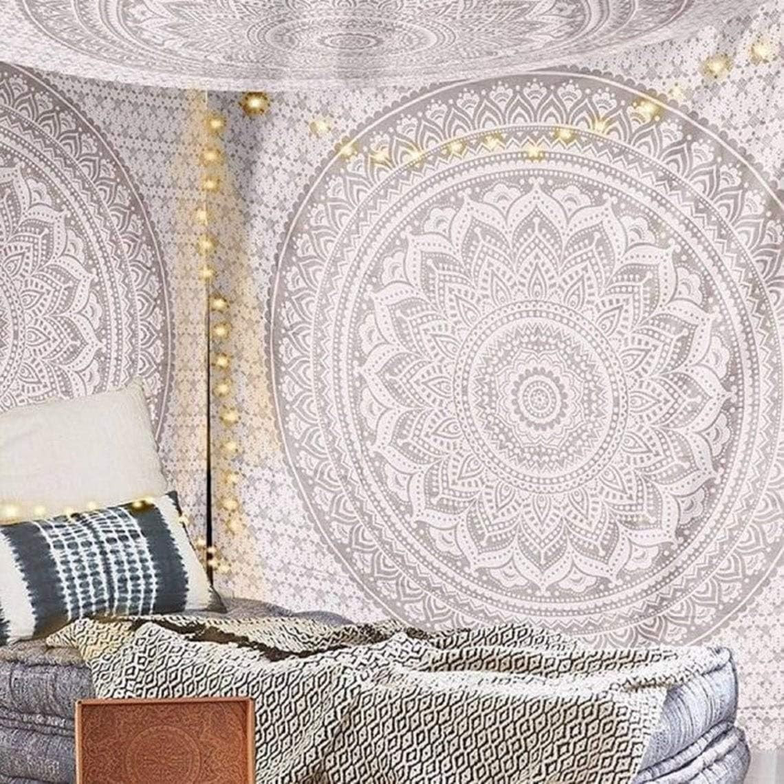 Glittering Silver Grey Mandala Tapestry Boho Wall Hanging Cotton 85x90in