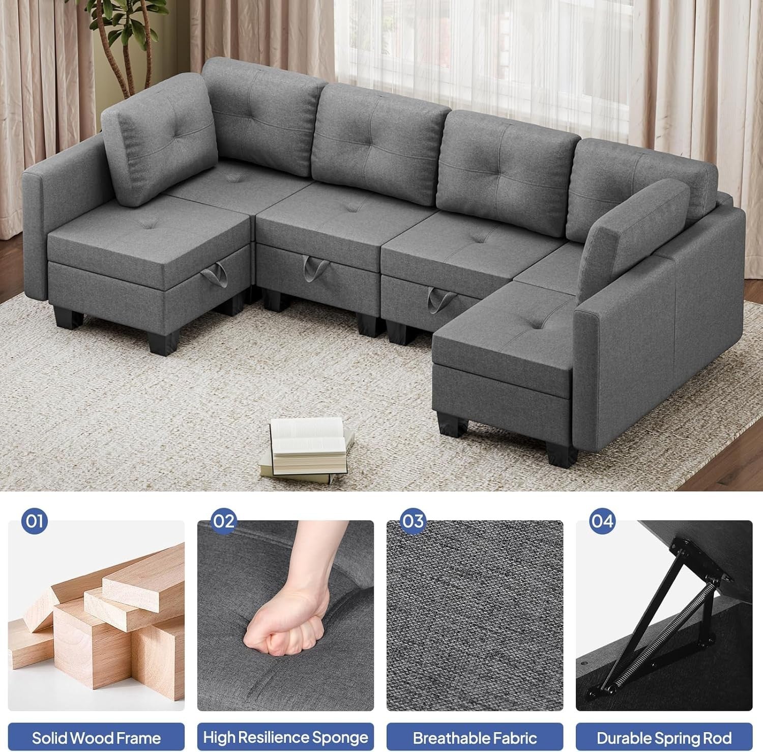 6 Seater Grey Sofa Bed L-Shaped Modular w/Storage Ottoman for Living Room
