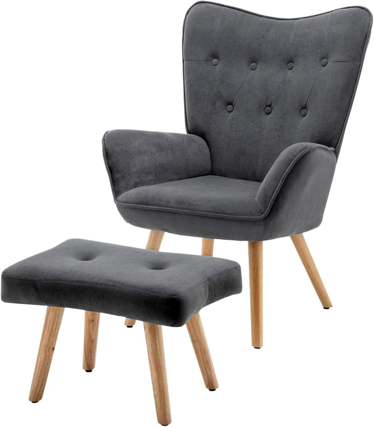 Dark Grey Velvet Armchair with Footstool, Comfy Reading Lounge Chair Set