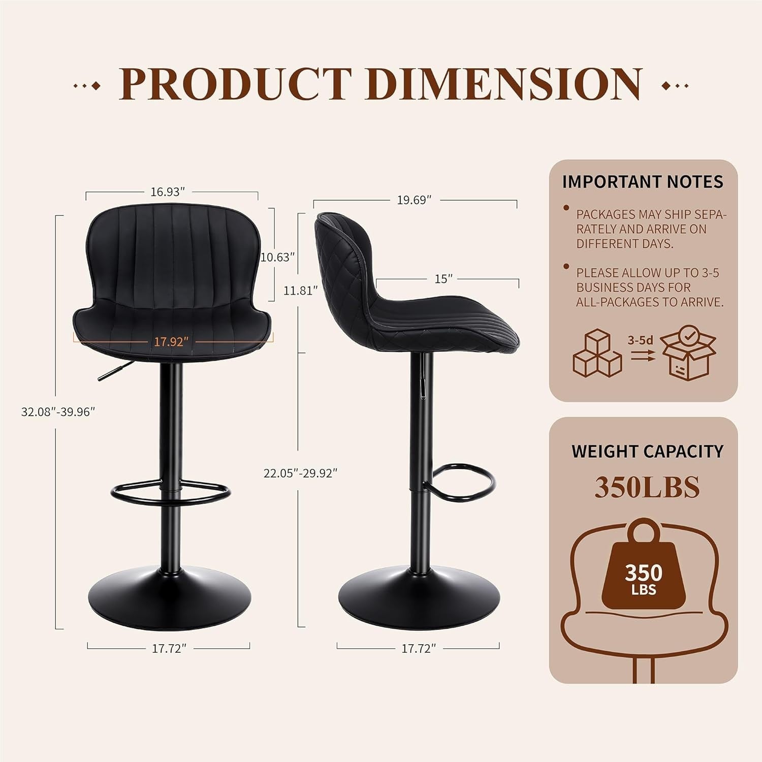 Black PU Leather Bar Stools Set of 2 Adjustable Kitchen Counter Chairs