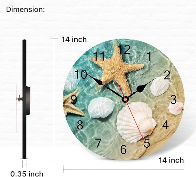 14" Seashell Starfish Wall Clock Silent Coastal Beach Ocean Home Decor