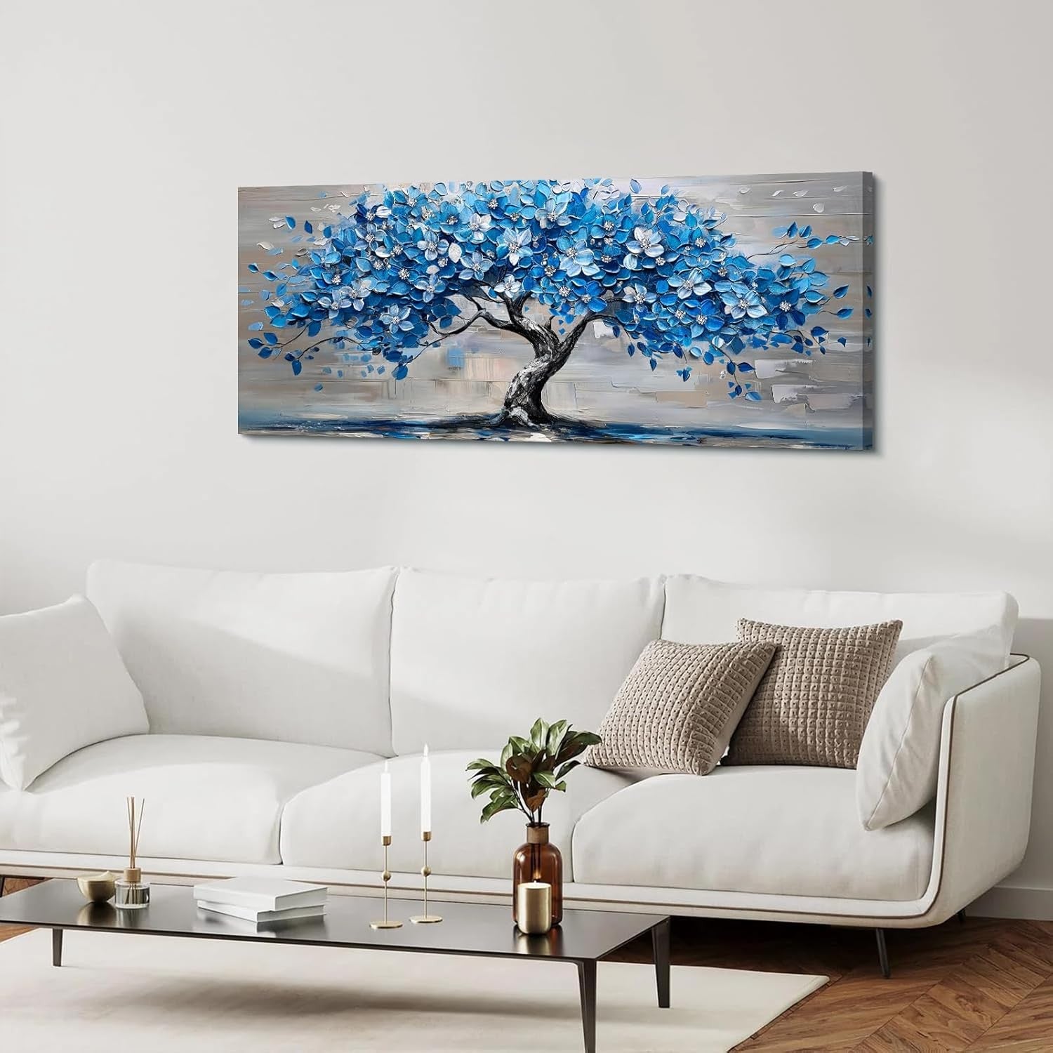 Blue Flower Tree Canvas Wall Art 50x120 cm Framed Large Living Room Decor