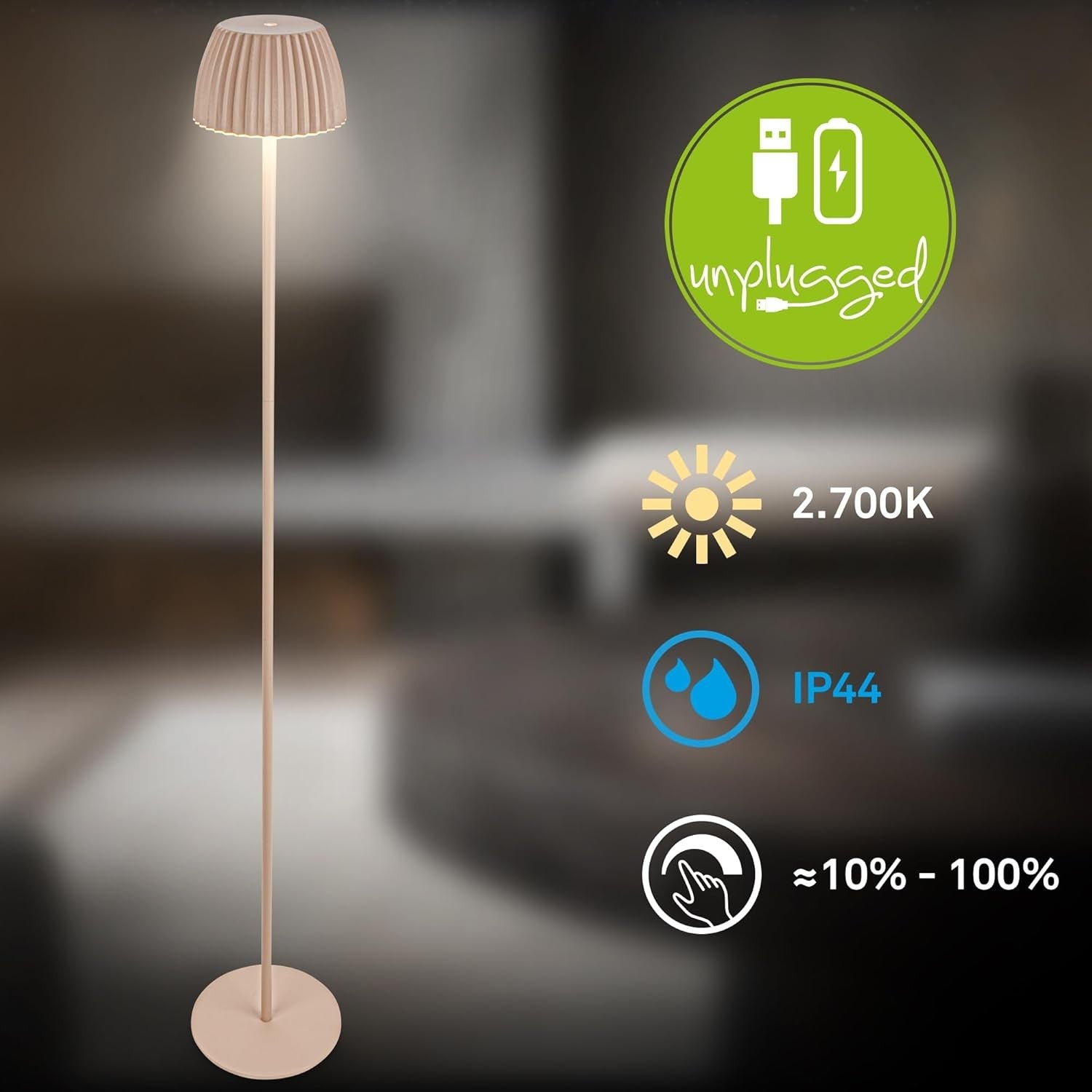 Rechargeable LED Floor Lamp Beige Touch Dimmable Wireless Battery Light
