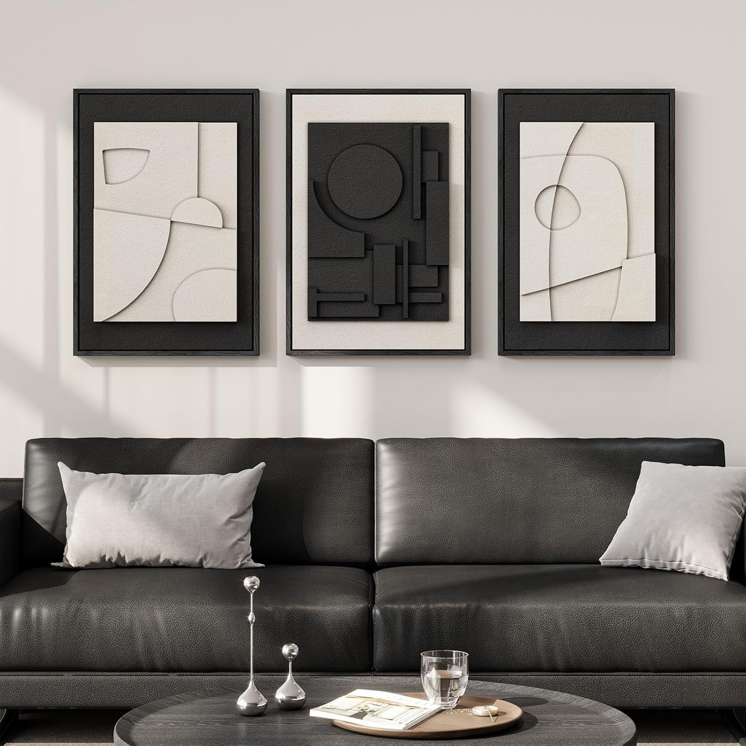 3D Textured Black White Abstract Wall Art Set 3 Framed 16x24