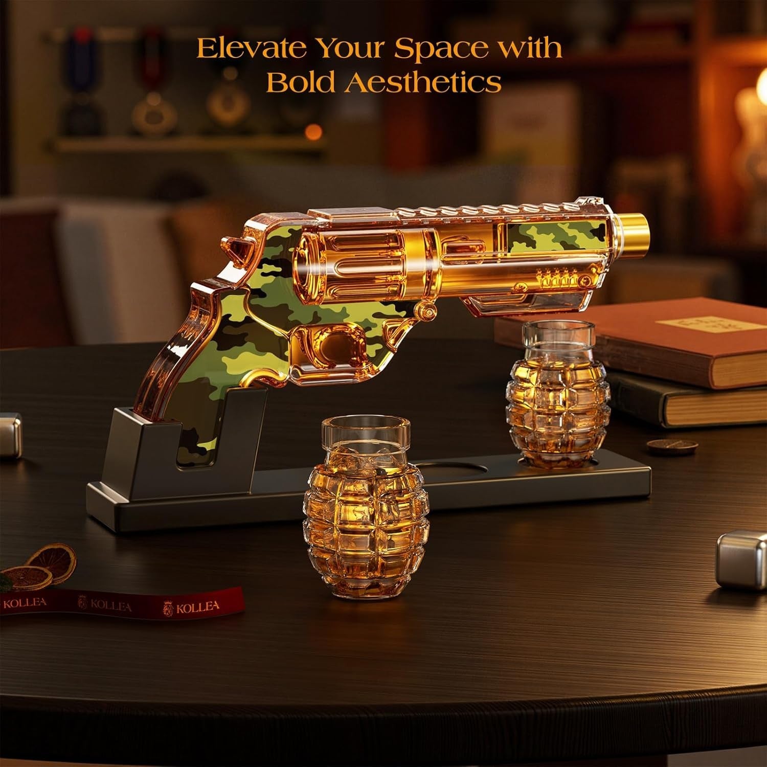 Camouflage Gun Whiskey Decanter Set with Grenade Shot Glasses & Stand 380ml