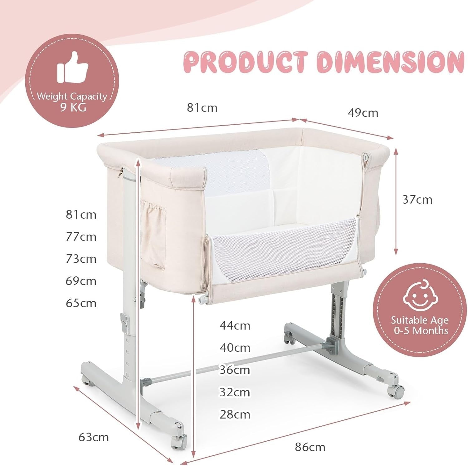 3in1 Baby Bassinet Bedside Crib Co-Sleeper Cot with Mattress & Wheels Beige