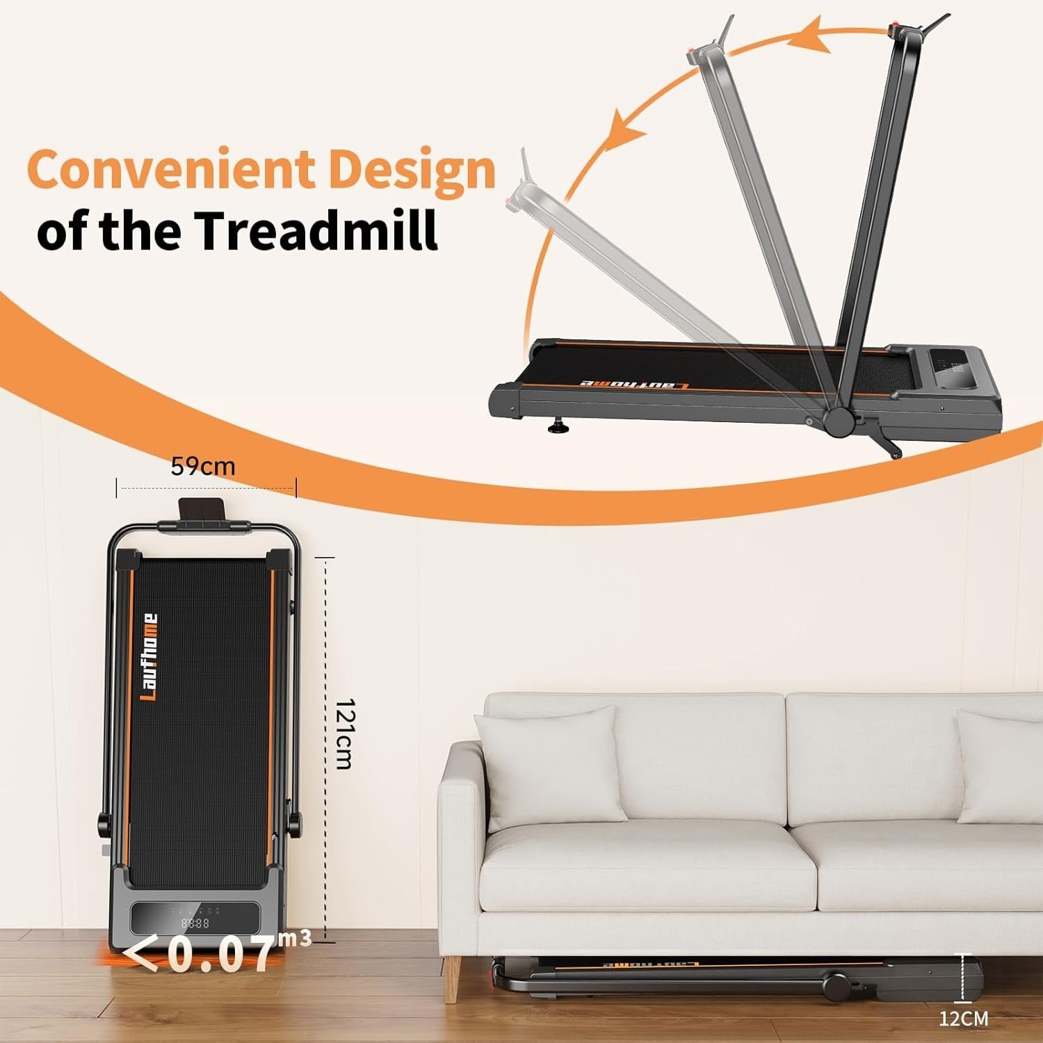 Foldable 12% Incline Treadmill 0.8-12km/h 3HP Quiet Home/Office Gym
