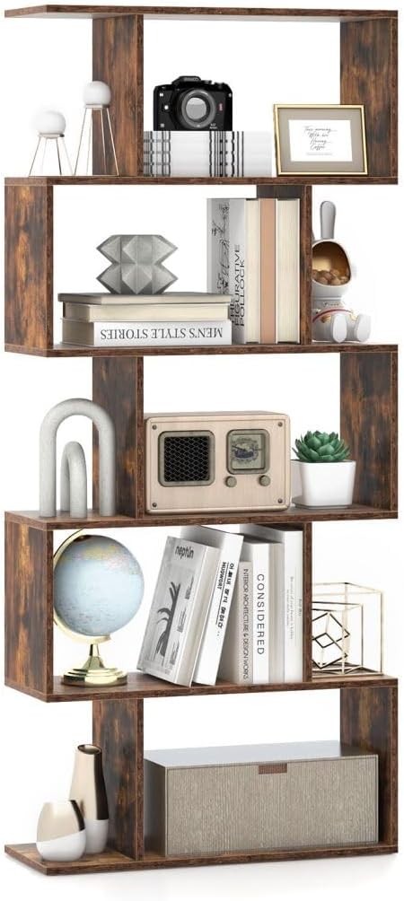 Rustic Brown S-Shaped 5/6 Tier Bookcase Modern Display Shelf Freestanding Unit