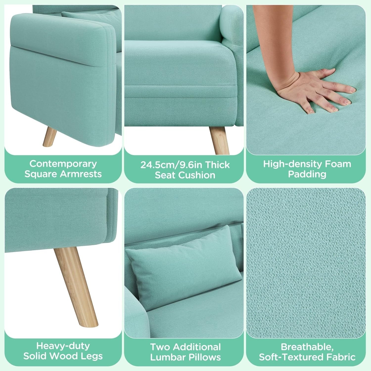 Aquamarine 2 Seater Sofa Small Couch Compact Mid Century Settee for Flats