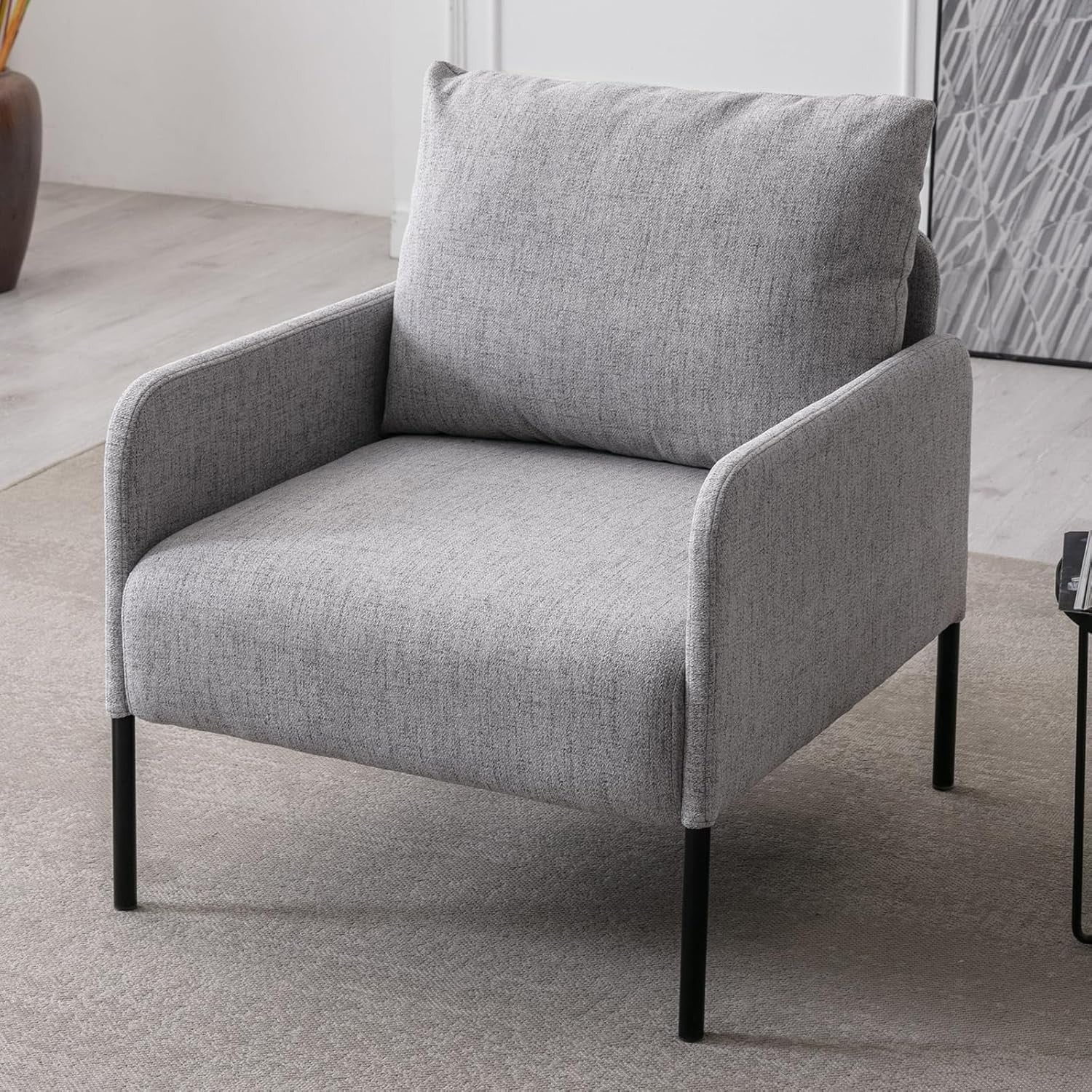 Modern Accent Armchair Grey Linen Lounge Chair Metal Legs Sofa