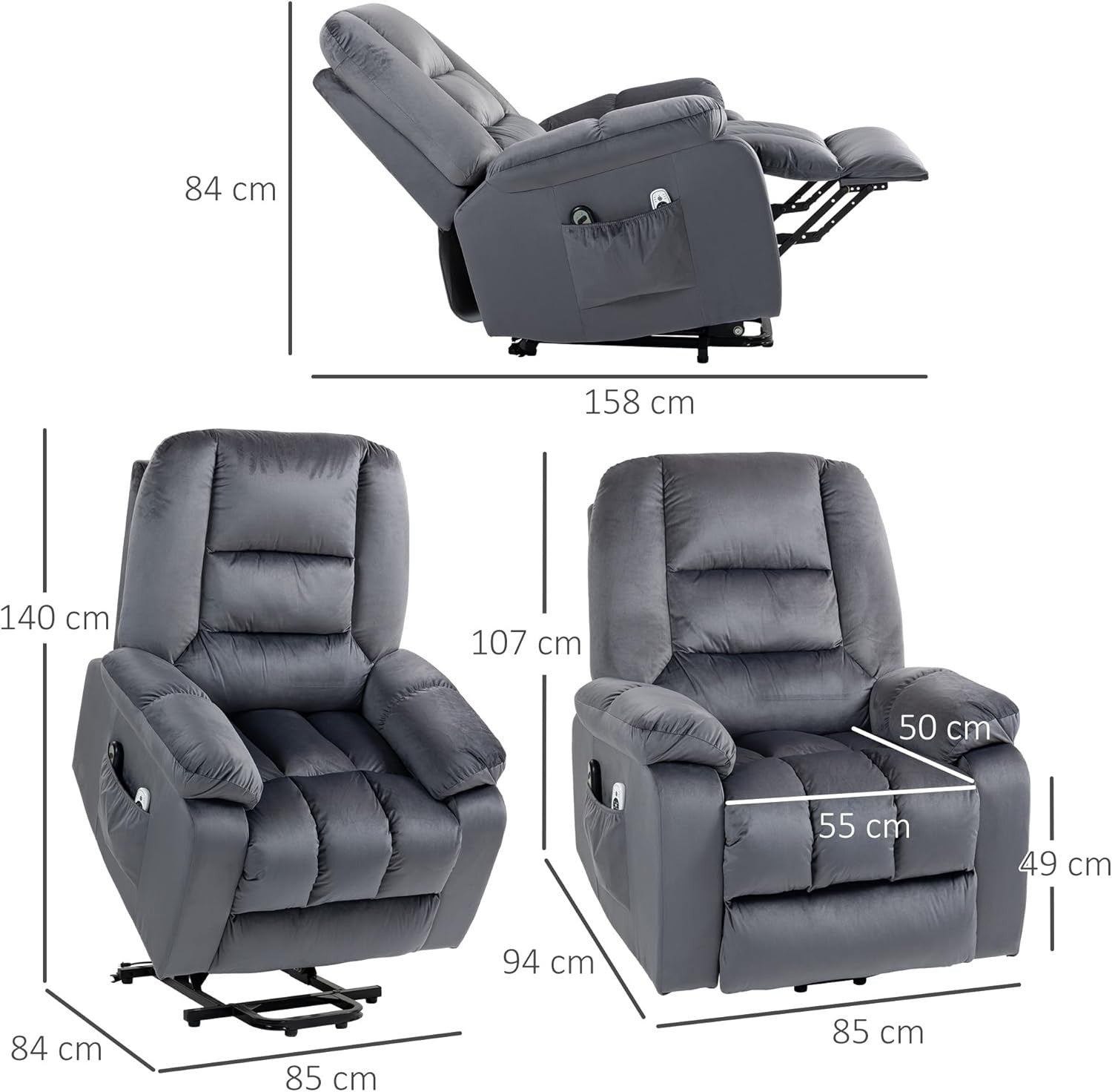 Velvet Lift Recliner Chair Massage Heat Riser Armchair for Elderly Grey