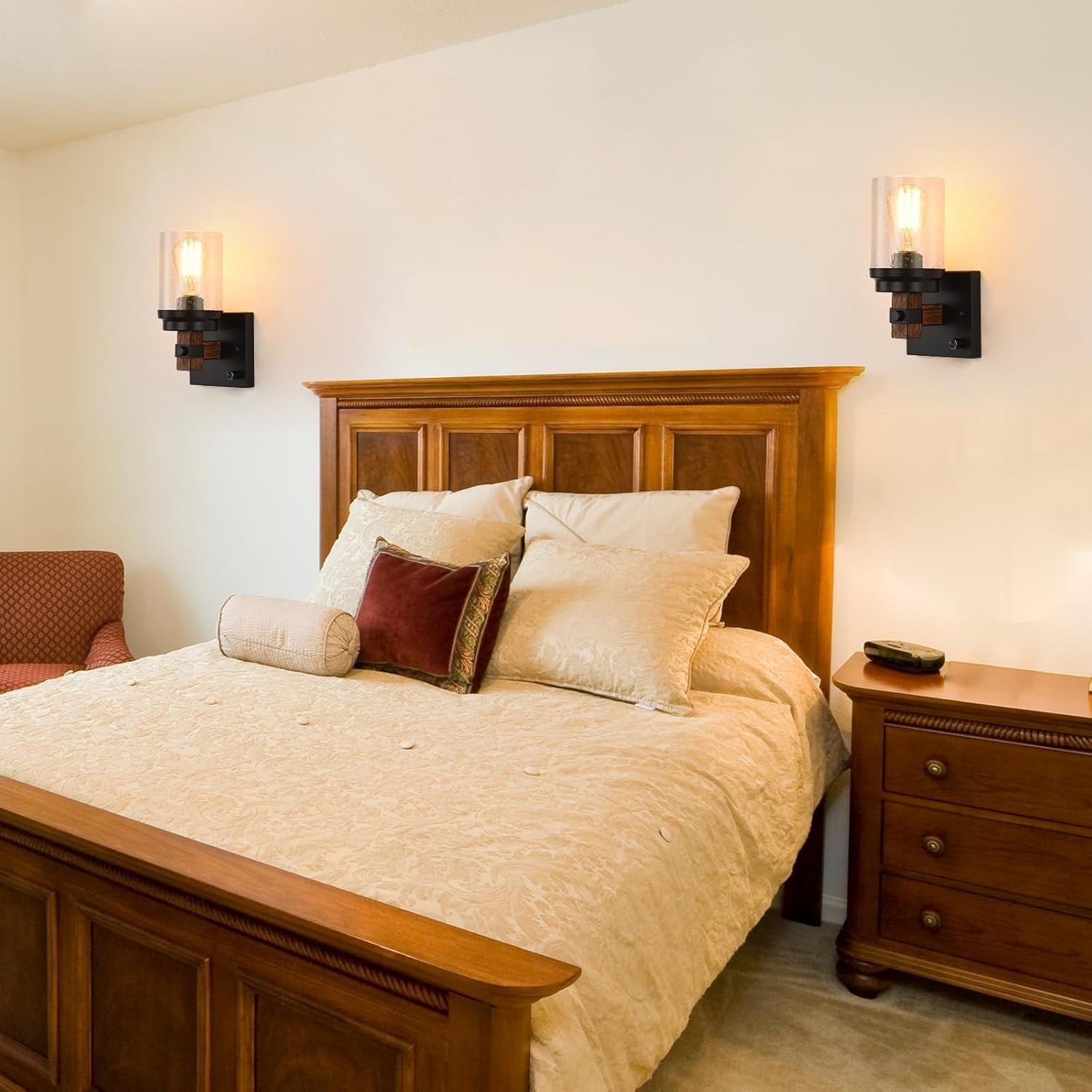 Rustic Wall Sconces Set of 2 Dimmable Farmhouse Vanity Lights with Seeded Glass