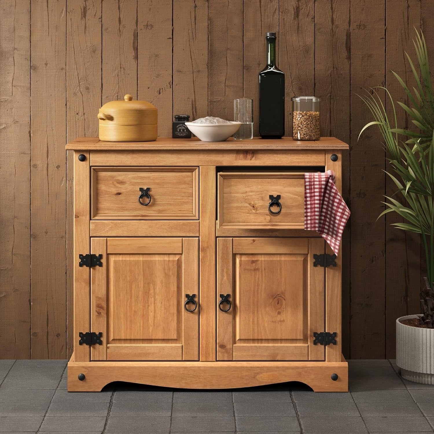 Wood Small Buffet Hutch 2 Doors 2 Drawers 176H Sideboard